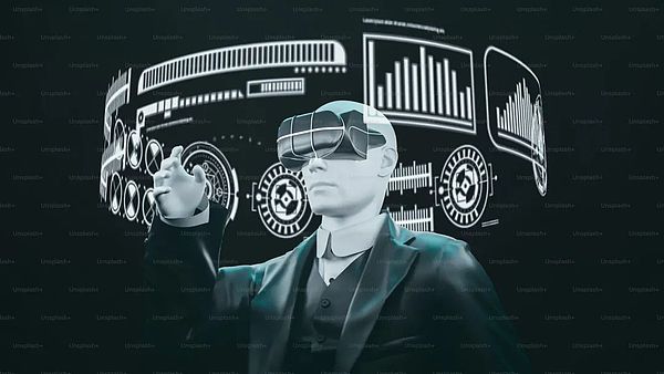 a man in a suit and glasses with a futuristic background